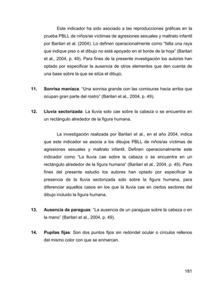 Este indicador ha sido asociado a las reproducciones gráficas en la
prueba PBLL de niños/as víctimas de agresiones sexuales y maltrato infantil
por Barilari et al. (2004). Lo definen operacionalmente como “falta una raya
que indique piso o el dibujo no está apoyado en el borde de la hoja” (Barilari
et al., 2004, p. 49). Para fines de la presente investigación los autores han
optado por especificar la ausencia de otros elementos que den cuenta de
una base sobre la que se sitúa el dibujo.
11. Sonrisa maníaca: “Una sonrisa grande con las comisuras hacia arriba que
ocupan gran parte del rostro” (Barilari et al., 2004, p. 49).
12. Lluvia sectorizada: La lluvia solo cae sobre la cabeza o se encuentra en
un rectángulo alrededor de la figura humana.
La investigación realizada por Barilari et al., en el año 2004, indica
que este indicador se asocia a los dibujos PBLL de niños/as víctimas de
agresiones sexuales y maltrato infantil. Definen operacionalmente este
indicador como “La lluvia cae sobre la cabeza o se encuentra en un
rectángulo alrededor de la figura humana” (Barilari et al., 2004, p. 49). Para
fines del presente estudio los autores han optado por especificar la
presencia de la lluvia sectorizada solo sobre la figura humana, para
diferenciar aquellos casos en los que la lluvia cae en ciertos sectores del
dibujo incluido la figura humana.
13. Ausencia de paraguas: “La ausencia de un paraguas sobre la cabeza o en
la mano” (Barilari et al., 2004, p. 49).
14. Pupilas fijas: Son dos puntos fijos sin redondel ocular o círculos rellenos
del mismo color con que se enmarcan.
181
 