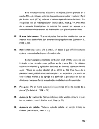 Este indicador ha sido asociado a las reproducciones gráficas en la
prueba PBLL de niños/as víctimas de agresiones sexuales y maltrato infantil
por Barilari et al. (2004), quienes lo definen operacionalmente como “Son
dos puntos fijos sin redondel ocular” (Barilari et al., 2004, p. 49). Para fines
de la presente investigación los autores han optado por agregar a la
definición los círculos rellenos del mismo color con que son enmarcados.
15. Brazos deteriorados: “Brazos colgantes, flameantes, ondulantes, que se
insertan fuera del hombro, con dimensión desproporcionada” (Barilari et al.,
2004, p. 49).
16. Manos manopla: Mano, una o ambas, sin dedos o que formen una figura
ovalada o redondeada sin un contorno irregular.
En la investigación realizada por Barilari et al. (2004), se asocia este
indicador a las reproducciones gráficas en la prueba PBLL de niños/as
víctimas de maltrato y agresiones sexuales. Es definido operacionalmente
como “Mano sin dedos” (Barilari et al., 2004, p. 49). Para fines de la
presente investigación los autores han optado por especificar que puede ser
una o ambas manos, y se agrega a la definición la posibilidad de que se
dibuje una mano con forma redondeada u ovalada de contorno regular.
17. Pies pato: “Pie en forma ovalada que excede los 2/3 de la medida de la
pierna” (Barilari et al., 2004, p. 50).
18. Ausencia de vestimenta: “No hay indicio de estar vestido, ninguna raya en
brazos, cuello o cintura” (Barilari et al., 2004, p. 50).
19. Ausencia de cabello: “Cabeza redonda pelada, sin ningún indicio de
cabello” (Barilari et al., 2004, p. 50).
182
 