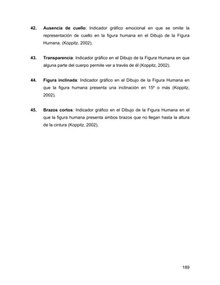 42. Ausencia de cuello: Indicador gráfico emocional en que se omite la
representación de cuello en la figura humana en el Dibujo de la Figura
Humana. (Koppitz, 2002).
43. Transparencia: Indicador gráfico en el Dibujo de la Figura Humana en que
alguna parte del cuerpo permite ver a través de él (Koppitz, 2002).
44. Figura inclinada: Indicador gráfico en el Dibujo de la Figura Humana en
que la figura humana presenta una inclinación en 15º o más (Koppitz,
2002).
45. Brazos cortos: Indicador gráfico en el Dibujo de la Figura Humana en el
que la figura humana presenta ambos brazos que no llegan hasta la altura
de la cintura (Koppitz, 2002).
189
 