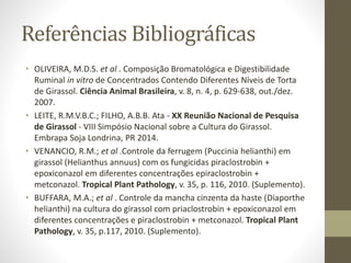 Referências Bibliográficas
• OLIVEIRA, M.D.S. et al . Composição Bromatológica e Digestibilidade
Ruminal in vitro de Concentrados Contendo Diferentes Níveis de Torta
de Girassol. Ciência Animal Brasileira, v. 8, n. 4, p. 629-638, out./dez.
2007.
• LEITE, R.M.V.B.C.; FILHO, A.B.B. Ata - XX Reunião Nacional de Pesquisa
de Girassol - VIII Simpósio Nacional sobre a Cultura do Girassol.
Embrapa Soja Londrina, PR 2014.
• VENANCIO, R.M.; et al .Controle da ferrugem (Puccinia helianthi) em
girassol (Helianthus annuus) com os fungicidas piraclostrobin +
epoxiconazol em diferentes concentrações epiraclostrobin +
metconazol. Tropical Plant Pathology, v. 35, p. 116, 2010. (Suplemento).
• BUFFARA, M.A.; et al . Controle da mancha cinzenta da haste (Diaporthe
helianthi) na cultura do girassol com priaclostrobin + epoxiconazol em
diferentes concentrações e piraclostrobin + metconazol. Tropical Plant
Pathology, v. 35, p.117, 2010. (Suplemento).
 