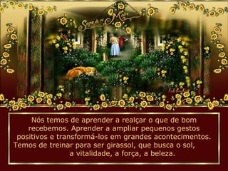 Nós temos de aprender a realçar o que de bom
recebemos. Aprender a ampliar pequenos gestos
positivos e transformá-los em grandes acontecimentos.
Temos de treinar para ser girassol, que busca o sol,
a vitalidade, a força, a beleza.
 