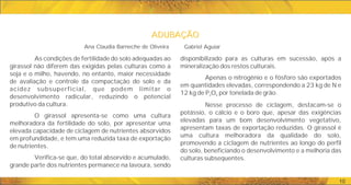 ADUBAÇÃO
ADUBAÇÃO
10
disponibilizado para as culturas em sucessão, após a
mineralização dos restos culturais.
Apenas o nitrogênio e o fósforo são exportados
em quantidades elevadas, correspondendo a 23 kg de N e
12 kg de P O por tonelada de grão.
2 5
Nesse processo de ciclagem, destacam-se o
potássio, o cálcio e o boro que, apesar das exigências
elevadas para um bom desenvolvimento vegetativo,
apresentam taxas de exportação reduzidas. O girassol é
uma cultura melhoradora da qualidade do solo,
promovendo a ciclagem de nutrientes ao longo do perfil
do solo, beneficiando o desenvolvimento e a melhoria das
culturas subsequentes.
As condições de fertilidade do solo adequadas ao
girassol não diferem das exigidas pelas culturas como a
soja e o milho, havendo, no entanto, maior necessidade
de avaliação e controle da compactação do solo e da
acidez subsuperficial, que podem limitar o
desenvolvimento radicular, reduzindo o potencial
produtivo da cultura.
O girassol apresenta-se como uma cultura
melhoradora da fertilidade do solo, por apresentar uma
elevada capacidade de ciclagem de nutrientes absorvidos
em profundidade, e tem uma reduzida taxa de exportação
de nutrientes.
Verifica-se que, do total absorvido e acumulado,
grande parte dos nutrientes permanece na lavoura, sendo
Ana Claudia Barneche de Oliveira Gabriel Aguiar
 