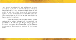 15
mais rápida; mobilidade do solo apenas na linha de
semeadura, resultando na manutenção da estrutura do
solo e da cobertura com resíduos vegetais; redução das
perdas de solo por erosão, aumentando o teor matéria
orgânica do solo; melhora do potencial produtivo do solo;
melhora da conservação da água no solo, aumentando a
água disponível às culturas.
Além da compactação do solo, seja ela natural
ou induzida, a toxidez subsuperficial com alumínio e a
possibilidade de infecção por fungos fitopatogênicos
existentes na palhada do cultivo anterior são as principais
desvantagens observadas no sistema de semeadura
direta.
 