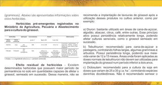 (gramíneas). Abaixo são apresentadas informações sobre
estes herbicidas.
Herbicidas pré-emergentes registrados no
Ministério da Agricultura, Pecuária e Abastecimento
para a cultura do girassol.
Efeito residual de herbicidas - Existem
determinados herbicidas que possuem maior período de
permanência no solo em quantidades capazes de afetar o
girassol, semeado em sucessão. Dessa maneira, não se
Herbicidas Aplicação Concentração Doses¹ Observações
-1
g i.a. L -1
kg i.a. ha -1
L p.c. ha
Nome
comercial
Nome
técnico
Alachlor Laço pré-
emergência
480 2,4 a 3,36 5,0 a 7,0
Controla gramíneas e
algumas folhas largas.
Aplicar em solo úmido e bem
preparado.
Trifluralin Premerlin
PPI
pré-
emergência
600 0,54 a 1,2
(pré-semeadura
incorporada)
0,9 a 2,0
(pré-semeadura
incorporada)
Controla gramíneas e
algumas folhas largas.
Incorporar de 5-7 cm de
profundidade quando
aplicado em pré-semeadura
incorporada.
1,8 a 2,4
(pré-emergência)
3,0 a 4,0
(pré-emergência)
31
recomenda a implantação de lavouras de girassol após a
utilização desses produtos no cultivo anterior, como por
exemplo:
a) Diuron: bastante utilizado em áreas de cana-de-açúcar,
algodão, abacaxi, citrus, café, entre outras. Esse princípio
ativo possui persistência relativamente longa, podendo
afetar culturas sensíveis, como o girassol semeado em
sucessão.
b) Tebuthiuron: recomendado para cana-de-açúcar e
pastagens, controlando folhas largas, algumas gramíneas e
arbustos. Possui persistência longa, podendo sua meia-
vida variar de 12 a 15 meses. Áreas onde foram aplicadas as
doses normais de tebuthiuron não devem ser utilizadas para
implantação do girassol num período inferior a dois anos.
c) Diclosulam: recomendado para a cultura da soja em
-1
doses que variam de 25 a 35 g i.a. ha , controlando espécies
daninhas dicotiledôneas. Não é recomendado semear o
1-Doses: i. a. (ingrediente ativo) e p. c. (produto comercial).
 