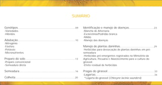 Identificação e manejo de doenças
-Mancha de Alternaria
-Esclerotínia/Podridão branca
-Míldio
-Manejo das doenças
Manejo de plantas daninhas..............................................29
-Herbicidas para dessecação de plantas daninhas em pré-
semeadura
-Herbicidas pré-emergentes registrados no Ministério da
Agricultura, Pecuária e Abastecimento para a cultura do
girassol.
-Efeito residual de herbicidas
Pragas do girassol................................................................33
-Lagartas................................................................................34
*Lagarta-do-girassol (Chlosyne lacinia saundersi)
..................................23
Genótipos..............................................................................09
-Variedades
-Híbridos
Adubação..............................................................................10
-Nitrogênio
-Fósforo
-Potássio
-Micronutrientes
Preparo do solo....................................................................13
-Preparo convencional
-Semeadura direta
Semeadura............................................................................16
Colheita.................................................................................20
SUMÁRIO
SUMÁRIO
 