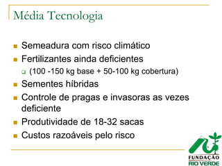 Média Tecnologia
Semeadura com risco climático
Fertilizantes ainda deficientes
(100 -150 kg base + 50-100 kg cobertura)
Sementes híbridas
Controle de pragas e invasoras as vezes
deficiente
Produtividade de 18-32 sacas
Custos razoáveis pelo risco
 