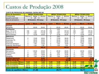Custos de Produção 2008
CUSTO DE PRODUCAO DE GIRASSOL SAFRA 2007-08
Época de Semeadura
Produtividade Maxima Media Minima Maxima Media Minima Maxima Media Minima
sacas/ha estimada 27 22 17
Data de semeadura
Custo producao girassol quant. R$/uni. R$ item quant. R$/uni. R$ item quant. R$/uni. R$ item
Insumos
Sementes 1 65,00 65,00 1 65,00 65,00 1 65,00 65,00
Fertilizantes 0 0,00 0 0,00
Base -10-14-16 180 1,04 187,20 180 1,04 187,20 180 1,04 187,20
Cobertura N / K 120 0,95 114,00 120 0,95 114,00 120 0,95 114,00
Micronutrientes 2 12,00 24,00 2 12,00 24,00 2 12,00 24,00
Defensivos 0 0,00 0 0,00
Dessecacao 2 13,00 26,00 2 13,00 26,00 2 13,00 26,00
Inseticidas TS 1 30,00 30,00 1 30,00 30,00 1 30,00 30,00
Herbicidas 1 20,00 20,00 1 20,00 20,00 1 20,00 20,00
Inseticida fisiologico 2 7,50 15,00 2 7,50 15,00 2 7,50 15,00
Inseticida "Percevejos" 1 7,00 7,00 1 7,00 7,00 1 7,00 7,00
Subtotal Insumos 488,20 488,20 488,20
Operacoes:
Semeadura 1 20,00 20,00 1 20,00 20,00 1 20,00 20,00
Pulverizacoes 4 5,00 20,00 4 5,00 20,00 4 5,00 20,00
Colheita 27 0,70 18,90 22 0,70 15,40 17 0,70 11,90
transporte 27 1,00 27,00 22 1,00 22,00 17 1,00 17,00
Subtotal Operacoes 85,90 77,40 68,90
CUSTO TOTAL R$ 574,10 565,60 557,10
Valor do produto R$/saca 15,00 12,00 10,00 15,00 12,00 10,00 15,00 12,00 10,00
Valor do produto R$/saca 28,50 22,80 19,00 28,50 22,80 19,00 28,50 22,80 19,00
Custo do producao 20,14 25,18 30,22 19,85 24,81 29,77 19,55 24,43 29,32
Lucro Liquido R$ 195,40 41,50 -61,10 61,40 -64,00 -147,60 -72,60 -169,50 -234,10
Ponto de equilibrio (R$/sc) 21,26 25,71 32,77
MÉDIA TECNOLOGIA MÉDIA TECNOLOGIA MÉDIA TECNOLOGIA
20 fevereiro - 05 março 20 fevereiro - 05 março 20 fevereiro - 05 março
 