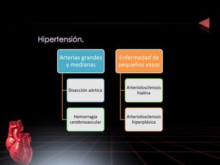 Arterias grandes 
y medianas 
Disección aórtica 
Hemorragia 
cerebrovascular 
Enfermedad de 
pequeños vasos 
Arteriolosclerosis 
hialina 
Arteriolosclerosis 
hiperplásica 
 