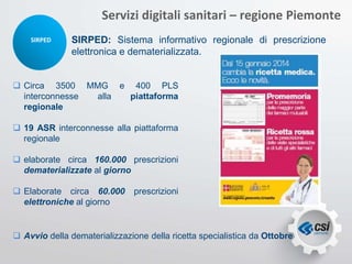 SIRPED SIRPED: Sistema informativo regionale di prescrizione
elettronica e dematerializzata.
Servizi digitali sanitari – regione Piemonte
 Circa 3500 MMG e 400 PLS
interconnesse alla piattaforma
regionale
 19 ASR interconnesse alla piattaforma
regionale
 elaborate circa 160.000 prescrizioni
dematerializzate al giorno
 Elaborate circa 60.000 prescrizioni
elettroniche al giorno
 Avvio della dematerializzazione della ricetta specialistica da Ottobre
 