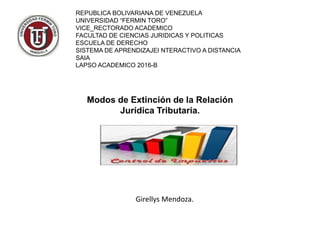 REPUBLICA BOLIVARIANA DE VENEZUELA
UNIVERSIDAD “FERMIN TORO”
VICE_RECTORADO ACADEMICO
FACULTAD DE CIENCIAS JURIDICAS Y POLITICAS
ESCUELA DE DERECHO
SISTEMA DE APRENDIZAJEI NTERACTIVO A DISTANCIA
SAIA
LAPSO ACADEMICO 2016-B
Modos de Extinción de la Relación
Jurídica Tributaria.
Girellys Mendoza.
 