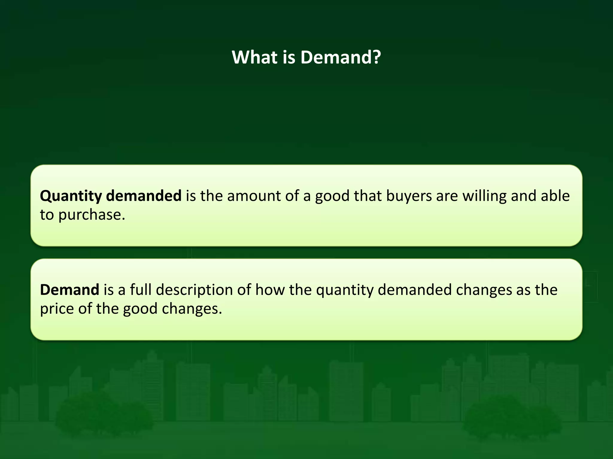 What is Demand?
Quantity demanded is the amount of a good that buyers are willing and able
to purchase.
Demand is a full description of how the quantity demanded changes as the
price of the good changes.
 
