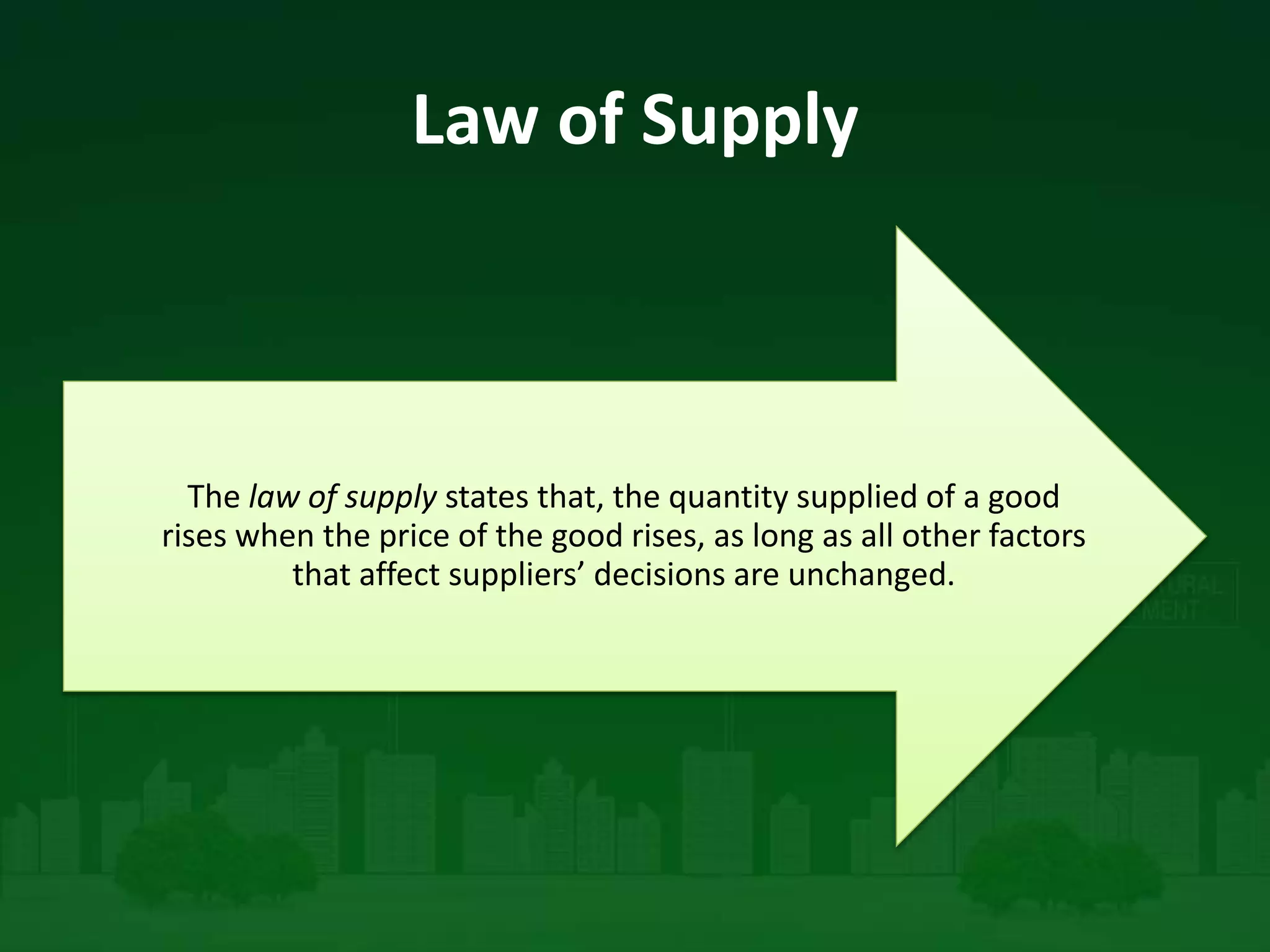 Law of Supply
The law of supply states that, the quantity supplied of a good
rises when the price of the good rises, as long as all other factors
that affect suppliers’ decisions are unchanged.
 