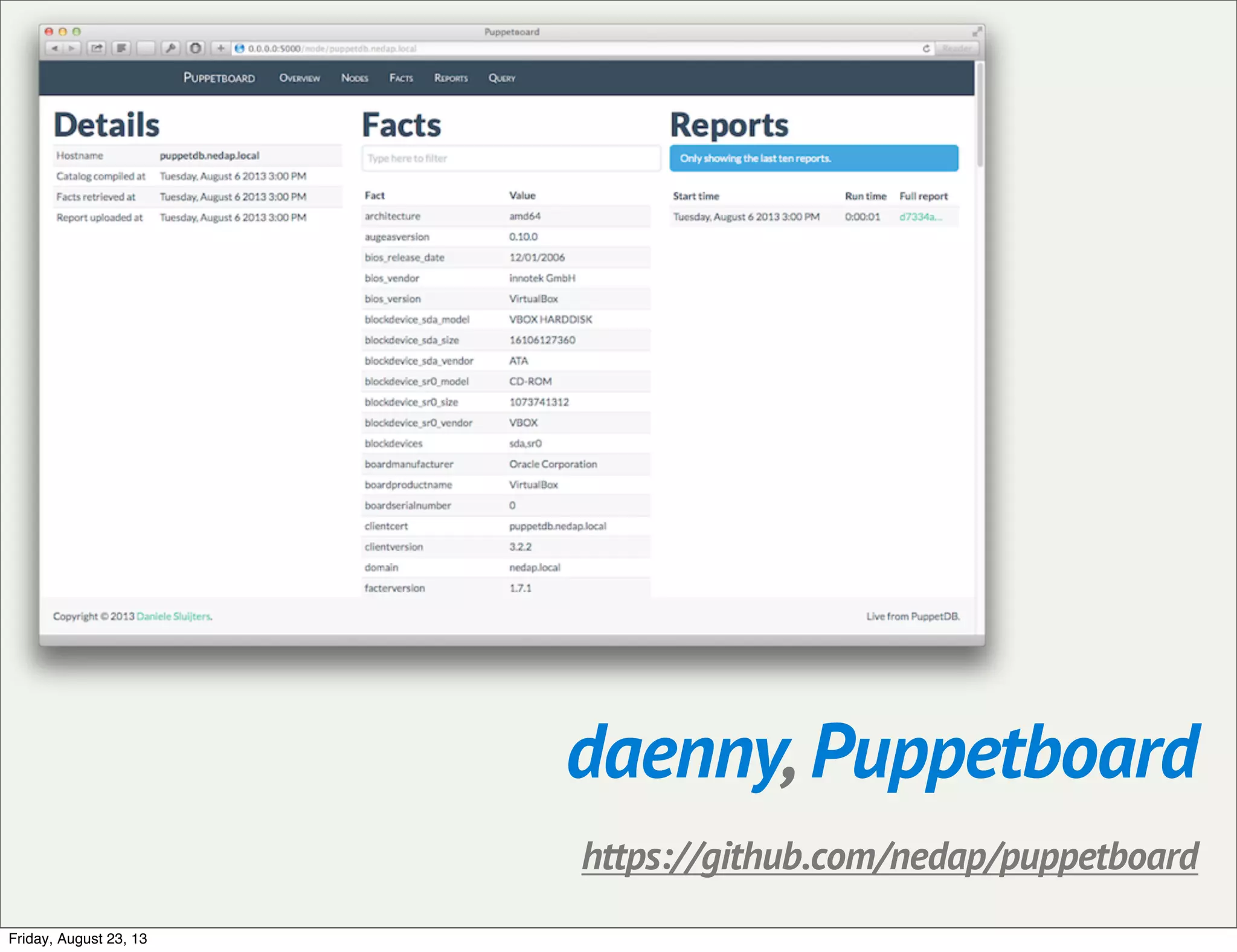 daenny, Puppetboard
https://github.com/nedap/puppetboard
Friday, August 23, 13
 