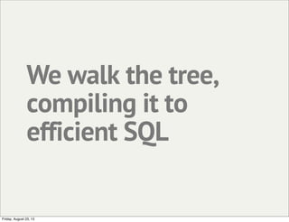 We walk the tree,
compiling it to
efficient SQL
Friday, August 23, 13
 