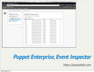 Puppet Enterprise, Event Inspector
https://puppetlabs.com
Friday, August 23, 13
 