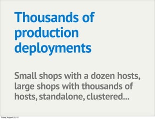Thousands of
production
deployments
Small shops with a dozen hosts,
large shops with thousands of
hosts,standalone,cluster...