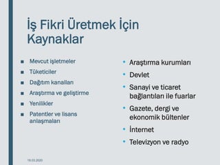 İş Fikri Üretmek İçin
Kaynaklar
■ Mevcut işletmeler
■ Tüketiciler
■ Dağıtım kanalları
■ Araştırma ve geliştirme
■ Yenilikler
■ Patentler ve lisans
anlaşmaları
18.03.2020
• Araştırma kurumları
• Devlet
• Sanayi ve ticaret
bağlantıları ile fuarlar
• Gazete, dergi ve
ekonomik bültenler
• İnternet
• Televizyon ve radyo
 