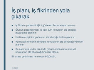 İş planı, iş fikrinden yola
çıkarak
■ İş fikrinin yapılabilirliğini gösteren Pazar araştırmasının
■ Ürünün pazarlanması ile ilgili tüm konuların ele alındığı
pazarlama planının
■ Üretimin çeşitli boyutlarının ele alındığı üretim planının
■ Kurulacak firmanın yönetsel konularının ele alınacağı yönetim
planının
■ Bu aşamaya kadar üzerinde çalışılan konuların parasal
boyutunun ele alınacağı finansal planın
Bir araya getirilmesi ile oluşan bütündür.
18.03.2020
 