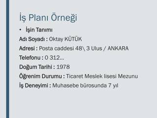İş Planı Örneği
• İşin Tanımı
Adı Soyadı : Oktay KÜTÜK
Adresi : Posta caddesi 48 3 Ulus / ANKARA
Telefonu : 0 312…
Doğum Tarihi : 1978
Öğrenim Durumu : Ticaret Meslek lisesi Mezunu
İş Deneyimi : Muhasebe bürosunda 7 yıl
 
