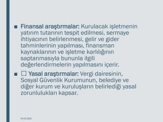 ■ Finansal araştırmalar: Kurulacak işletmenin
yatırım tutarının tespit edilmesi, sermaye
ihtiyacının belirlenmesi, gelir ve gider
tahminlerinin yapılması, finansman
kaynaklarının ve işletme karlılığının
saptanmasıyla bununla ilgili
değerlendirmelerin yapılmasını içerir.
■ Yasal araştırmalar: Vergi dairesinin,
Sosyal Güvenlik Kurumunun, belediye ve
diğer kurum ve kuruluşların belirlediği yasal
zorunlulukları kapsar.
18.03.2020
 