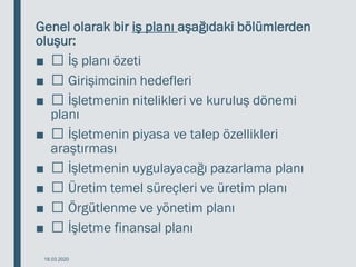 Genel olarak bir iş planı aşağıdaki bölümlerden
oluşur:
■ İş planı özeti
■ Girişimcinin hedefleri
■ İşletmenin nitelikleri ve kuruluş dönemi
planı
■ İşletmenin piyasa ve talep özellikleri
araştırması
■ İşletmenin uygulayacağı pazarlama planı
■ Üretim temel süreçleri ve üretim planı
■ Örgütlenme ve yönetim planı
■ İşletme finansal planı
18.03.2020
 