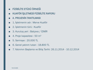 ■ FİZİBİLİTE ETÜDÜ ÖRNEĞİ
■ KUAFÖR İŞLETMESİ FİZİBİLİTE RAPORU
■ A. PROJENİN TANITILMASI
■ 1. İşletmenin adı : Merve Kuaför
■ 2. İşletmenin türü : Kuaför
■ 3. Kuruluş yeri : Balçova / İZMİR
■ 4. Proje kapasitesi : 50 m²
■ 5. Sermaye : 20.000 TL
■ 6. Genel yatırım tutarı : 18.800 TL
■ 7. Yatırımın Başlama ve Bitiş Tarihi: 26.11.2014 - 10.12.2014
18.03.2020
 