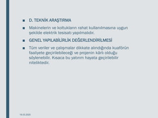 ■ D. TEKNİK ARAŞTIRMA
■ Makinelerin ve koltukların rahat kullanılmasına uygun
şekilde elektrik tesisatı yapılmalıdır.
■ GENEL YAPILABİLİRLİK DEĞERLENDİRİLMESİ
■ Tüm veriler ve çalışmalar dikkate alındığında kuaförün
faaliyete geçirilebileceği ve projenin kârlı olduğu
söylenebilir. Kısaca bu yatırım hayata geçirilebilir
niteliktedir.
18.03.2020
 