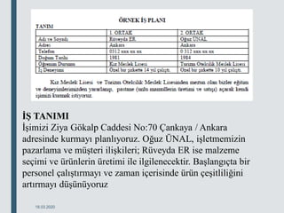 18.03.2020
İŞ TANIMI
İşimizi Ziya Gökalp Caddesi No:70 Çankaya / Ankara
adresinde kurmayı planlıyoruz. Oğuz ÜNAL, işletmemizin
pazarlama ve müşteri ilişkileri; Rüveyda ER ise malzeme
seçimi ve ürünlerin üretimi ile ilgilenecektir. Başlangıçta bir
personel çalıştırmayı ve zaman içerisinde ürün çeşitliliğini
artırmayı düşünüyoruz
 