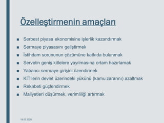 Özelleştirmenin amaçları
■ Serbest piyasa ekonomisine işlerlik kazandırmak
■ Sermaye piyasasını geliştirmek
■ İstihdam sorununun çözümüne katkıda bulunmak
■ Servetin geniş kitlelere yayılmasına ortam hazırlamak
■ Yabancı sermaye girişini özendirmek
■ KİT’lerin devlet üzerindeki yükünü (kamu zararını) azaltmak
■ Rekabeti güçlendirmek
■ Maliyetleri düşürmek, verimliliği artırmak
18.03.2020
 