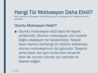 Hangi Tür Motivasyon Daha Etkili?
Hem olumlu motivasyon hem de olumsuz motivasyon bir madalyonun iki
tarafıdır.
Olumlu Motivasyon Nedir?
■ Olumlu motivasyon ödül bazlı bir teşvik
yöntemidir. Olumlu motivasyon, sizi hedefe
doğru ateşleyen bir katalizördür. Maddi
veya manevi herhangi bir ödülün beklentisi,
olumlu motivasyonun itici gücüdür. Başarılı
olma hissi, sizi aynı anda hem dinamik
hem de umutlu kılmak için yerinde bir
destek sağlar.
18.03.2020
 