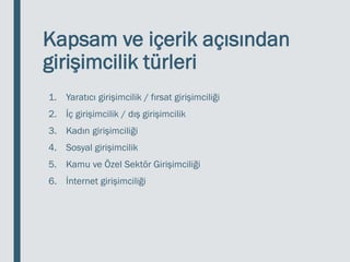 Kapsam ve içerik açısından
girişimcilik türleri
1. Yaratıcı girişimcilik / fırsat girişimciliği
2. İç girişimcilik / dış girişimcilik
3. Kadın girişimciliği
4. Sosyal girişimcilik
5. Kamu ve Özel Sektör Girişimciliği
6. İnternet girişimciliği
 