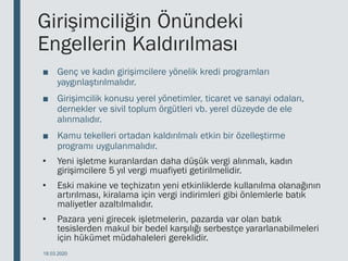 Girişimciliğin Önündeki
Engellerin Kaldırılması
■ Genç ve kadın girişimcilere yönelik kredi programları
yaygınlaştırılmalıdır.
■ Girişimcilik konusu yerel yönetimler, ticaret ve sanayi odaları,
dernekler ve sivil toplum örgütleri vb. yerel düzeyde de ele
alınmalıdır.
■ Kamu tekelleri ortadan kaldırılmalı etkin bir özelleştirme
programı uygulanmalıdır.
• Yeni işletme kuranlardan daha düşük vergi alınmalı, kadın
girişimcilere 5 yıl vergi muafiyeti getirilmelidir.
• Eski makine ve teçhizatın yeni etkinliklerde kullanılma olanağının
artırılması, kiralama için vergi indirimleri gibi önlemlerle batık
maliyetler azaltılmalıdır.
• Pazara yeni girecek işletmelerin, pazarda var olan batık
tesislerden makul bir bedel karşılığı serbestçe yararlanabilmeleri
için hükümet müdahaleleri gereklidir.
18.03.2020
 
