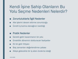 Kendi İşine Sahip Olanların Bu
Yolu Seçme Nedenleri Nelerdir?
■ Zorunluluklarla İlgili Nedenler
■ Aile işlerini devam ettirme zorunluluğu
■ Ücretli iş bulma olanağının kısıtlılığı
■ Pratik Nedenler
■ Gerekli geliri kazanmanın bir yolu
■ Emeklilik dönemini dolduracak faaliyetler
■ Ek bir gelir ihtiyacı
■ Boş zamanları değerlendirme çabası
■ Aileye gelecekte bir iş alanı bırakma isteği
18.03.2020
 