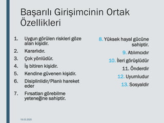 Başarılı Girişimcinin Ortak
Özellikleri
18.03.2020
8. Yüksek hayal gücüne
sahiptir.
9. Atılımcıdır
10. İleri görüşlüdür
11. Önderdir
12. Uyumludur
13. Sosyaldir
1. Uygun görülen riskleri göze
alan kişidir.
2. Kararlıdır.
3. Çok yönlüdür.
4. İş bitiren kişidir.
5. Kendine güvenen kişidir.
6. Disiplinlidir/Planlı hareket
eder
7. Fırsatları görebilme
yeteneğine sahiptir.
 