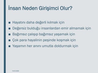 İnsan Neden Girişimci Olur?
18.03.2020
■ Hayatını daha değerli kılmak için
■ Değersiz bulduğu insanlardan emir almamak için
■ Bağımsız çalışıp bağımsız yaşamak için
■ Çok para hayalinin peşinde koşmak için
■ Yaşamın her anını umutla doldurmak için
 