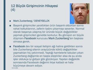 12 Büyük Girişimcinin Hikayesi
(4)
■ Mark Zuckerberg / DENEYSELLİK
■ Başarılı girişimciler yarattıkları ürün başarılı olduktan sonra
rahat koltuklarının, zaferin tadını çıkarmayı severler. Normal
olarak başarıya ulaşmış bir üründe büyük değşikilikler
yapmak grişimcileri genelde korkutur. Bu görüşün en büyük
düşmanı Facebook kurucusu Mark Zuckerberg’ten başkası
olmasa gerek.
■ Facebook dev bir sosyal iletişim ağı haline geldikten sonra
bile Zuckerberg sitenin arayüzünde köklü değişiklikler
yapmaktan hiç çekinmedi. Yaptığı hamlelerle tabuları yıkan
Zuckerberg değişimle en başta eleştiriler alsa da şu anda
işler oldukça iyi gidiyor gibi gözüküyor. Yapılan değşikilik
sonrasında Facebook değerini ikiye katladı ve hala
büyümeye devam ediyor.
18.03.2020
 