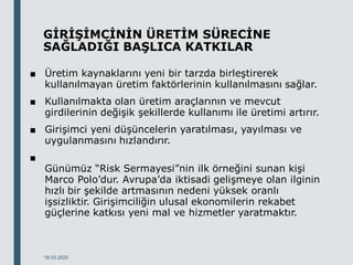 GİRİŞİMCİNİN ÜRETİM SÜRECİNE
SAĞLADIĞI BAŞLICA KATKILAR
■ Üretim kaynaklarını yeni bir tarzda birleştirerek
kullanılmayan üretim faktörlerinin kullanılmasını sağlar.
■ Kullanılmakta olan üretim araçlarının ve mevcut
girdilerinin değişik şekillerde kullanımı ile üretimi artırır.
■ Girişimci yeni düşüncelerin yaratılması, yayılması ve
uygulanmasını hızlandırır.
■
Günümüz “Risk Sermayesi”nin ilk örneğini sunan kişi
Marco Polo’dur. Avrupa’da iktisadi gelişmeye olan ilginin
hızlı bir şekilde artmasının nedeni yüksek oranlı
işsizliktir. Girişimciliğin ulusal ekonomilerin rekabet
güçlerine katkısı yeni mal ve hizmetler yaratmaktır.
18.03.2020
 