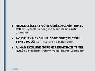 ■ NEOKLASİKLERE GÖRE GİRİŞİMCİNİN TEMEL
ROLÜ: Piyasaların dengede bulunmasına katkı
yapmaktır.
■ AVUSTURYA EKOLÜNE GÖRE GİRİŞİMCİNİN
TEMEL ROLÜ: Kâr fırsatlarını yakalamaktır.
■ ALMAN EKOLÜNE GÖRE GİRİŞİMCİNİN TEMEL
ROLÜ: Bir değişim, reform ya da devrim yapmaktır.
18.03.2020
 
