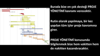Burada bize en çok desteği PROJE
YÖNETİMİ kavramı verecektir.
Rutin olarak yapılmaya, bir kez
yapılan tüm işler proje kavramına
girer.
PROJE YÖNETİMİ konusunda
bilgilenmek bize hem vakitten hem
de nakitten kazandıracaktır.
 