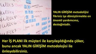 YALIN GİRİŞİM metodolijisi
fikriniz işe dönüştirmekte en
önemli yardımcınız,
desteğinizdir.
Her İŞ PLANI ilk müşteri ile karşılaşıldığında çöker,
bunu ancak YALIN GİRİŞİM metodolojisi ile
önleyebilirsiniz.
 