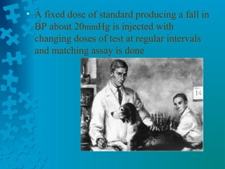 • A fixed dose of standard producing a fall in
BP about 20mmHg is injected with
changing doses of test at regular intervals
and matching assay is done
 