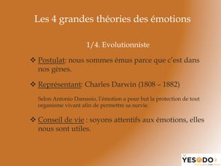 Les 4 grandes théories des émotions
1/4. Evolutionniste
v Postulat: nous sommes émus parce que c’est dans
nos gènes.
v Représentant: Charles Darwin (1808 – 1882)
Selon Antonio Damasio, l’émotion a pour but la protection de tout
organisme vivant afin de permettre sa survie.
v Conseil de vie : soyons attentifs aux émotions, elles
nous sont utiles.
 