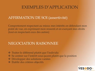 AFFIRMATION DE SOI (assertivité)
Comportement respectant au mieux mes intérêts en défendant mon
point de vue, en exprimant mon ressenti et en exerçant mes droits
(tout en respectant ceux des autres)
NEGOCIATION RAISONNEE
v  Traiter le différend plutôt que l’individu
v  Se centrer sur l’intérêt sous-jacent plutôt que la position
v  Développer des solutions variées
v  Etablir des critères objectifs
EXEMPLES D’APPLICATION
 