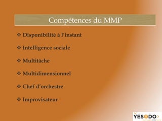 v Disponibilité à l’instant
v Intelligence sociale
v Multitâche
v Multidimensionnel
v Chef d’orchestre
v Improvisateur
Compétences du MMP
 