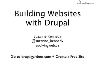 Building Websites
     with Drupal
             Suzanne Kennedy
            @suzanne_kennedy
              evolvingweb.ca

Go to drupalgardens.com + Create a Free Site
 