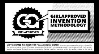GIRLAPPROVED
                                                             INVENTION
                                                             METHODOLOGY



WE’VE CREATED THE FIRST EVER FEMALE DESIGN SYSTEM. In order to create products that truly satisfy
the unmet, universal needs of females, we’ve created an entirely new design process. It combines methods from gender
studies, psychology, design, & economics, ensuring that our creations are good for the girl, and profitable for the brand.
 