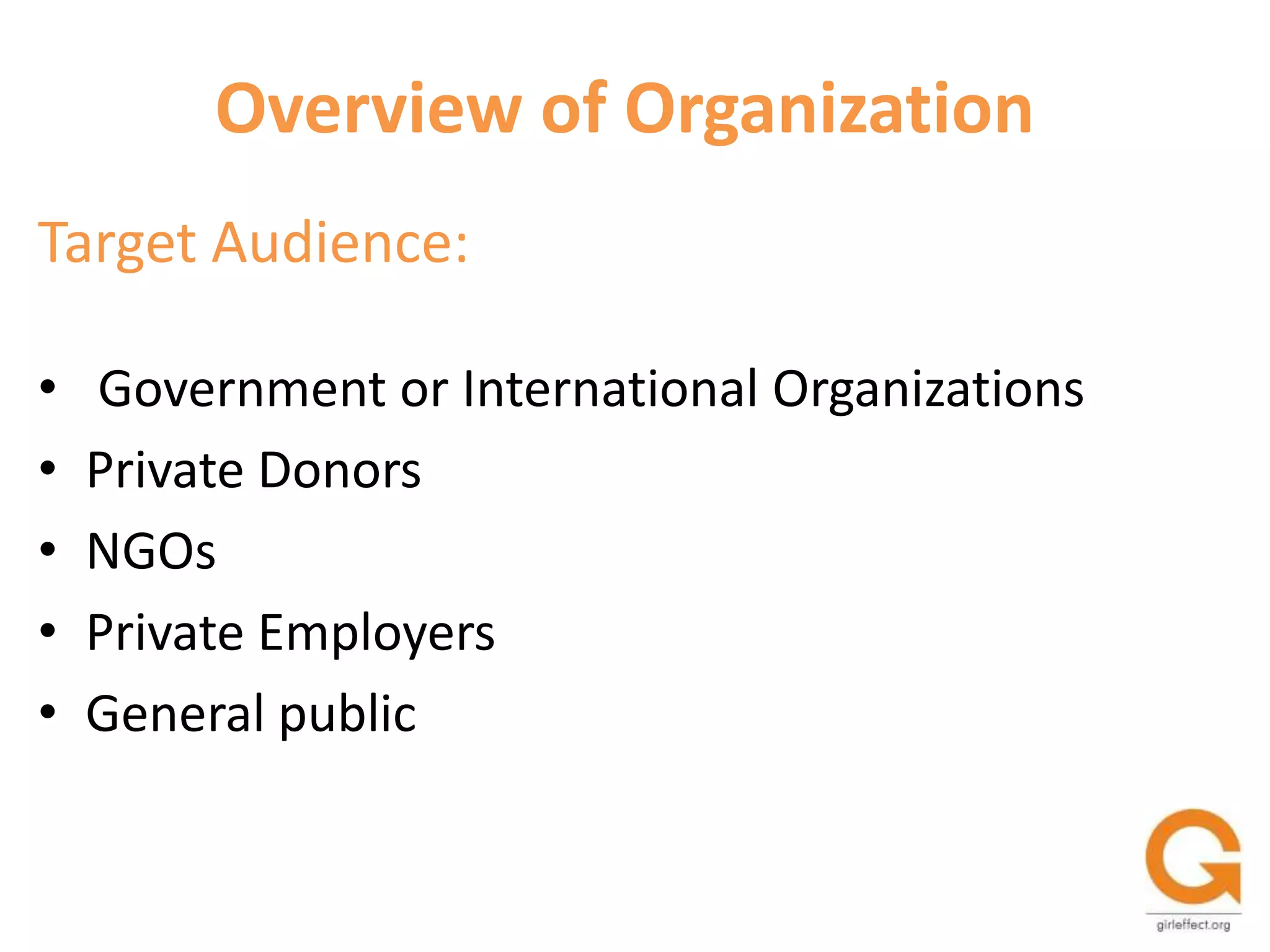 Overview of Organization Target Audience:  Government or International Organizations