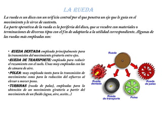La rueda




• rueda dentada

•RUEDA DE TRANSPORTE:


•POLEA:


•Turbinas
 
