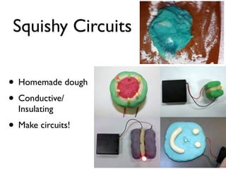 Squishy Circuits
• Homemade dough
• Conductive/
Insulating
• Make circuits!
 