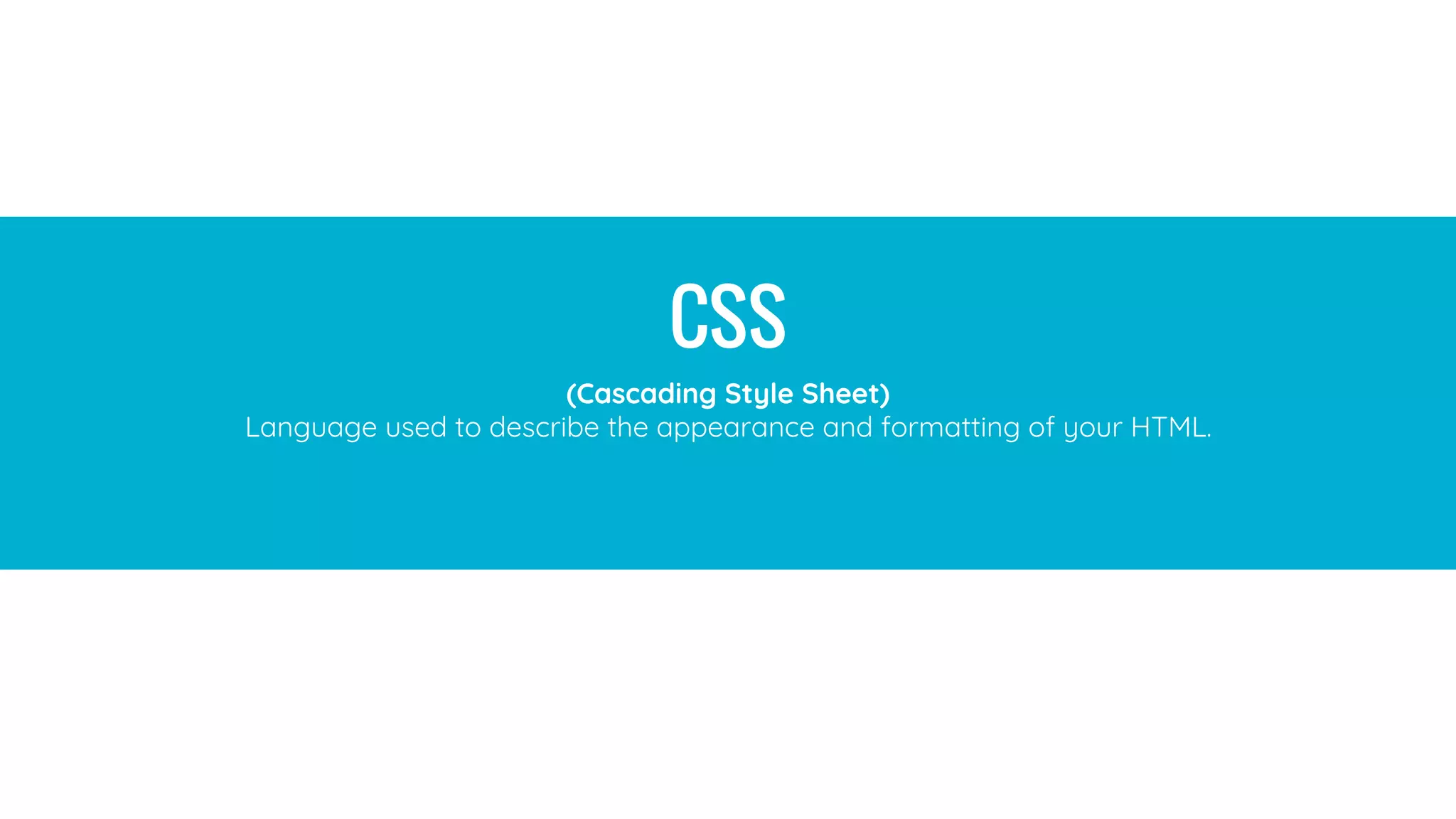 HTML
(Hypertext Markup Language)
A standardized system for tagging text files to achieve font, color, graphic,
and hyperlink effects on World Wide Web pages. Every webpage you look at
is written in a language called HTML. You can think of HTML as the skeleton
that gives every webpage structure.
CSS
(Cascading Style Sheet)
Language used to describe the appearance and formatting of your HTML.
 